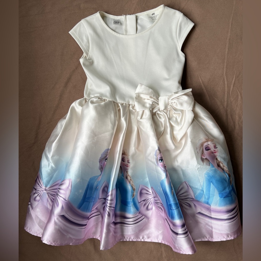 H&M Disney Elsa Frozen White Dress with Bow-Like New Girls Size 5T/6